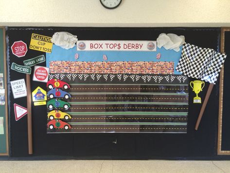 Box tops race track bulletin board Track Bulletin Board, Goal Bulletin Board, Race Car Themed Party, Attendance Board, Pta Bulletin Boards, Data Boards, College Theme, Classroom Attendance, Toddler Sunday School