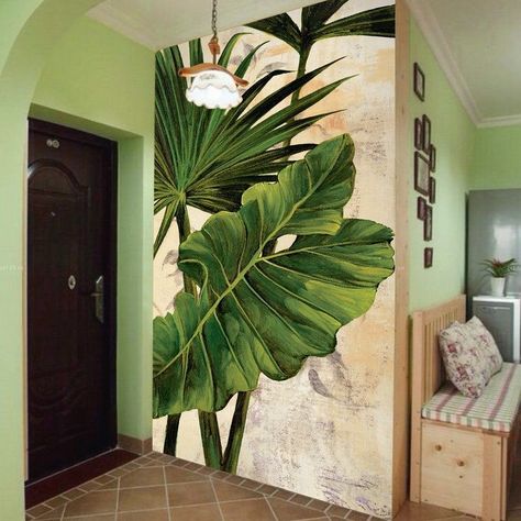 Embrace light colors, natural materials, and a lot of light. Incorporate functional furniture with clean lines and minimal decoration to achieve a cozy, minimalist look. Seni Mural, Painting Tropical, Wall Painting Decor, Wall Murals Painted, Wall Paint Designs, Banana Leaves, Creation Deco, Low Carbon, Tropical Art