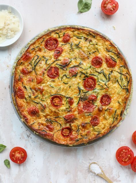 Zucchini Pie Recipe - Zucchini Pie with Burst Tomatoes Zucchini Pie Recipes, Burst Tomatoes, Tomatoes Eggs, Breakfast Savory, Fruits Recipes, Blistered Tomatoes, Zucchini Rounds, Recipe Zucchini, Zucchini Pie