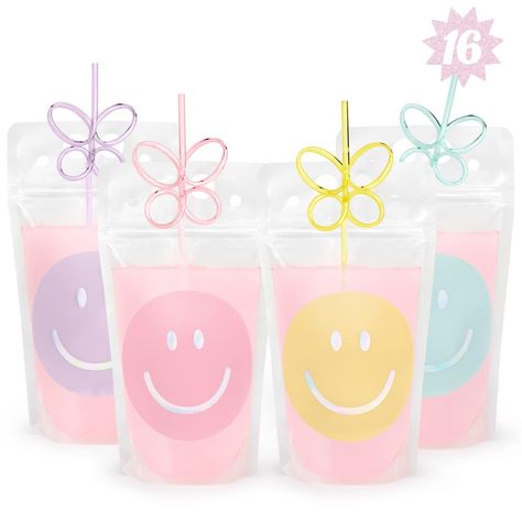 PRICES MAY VARY. Say Cheese: Our 16 pack of smile drink pouches + butterfly straws are the adult and kids party addition you've been looking for + a guaranteed hit! Happy Daze: have fun celebrating with this pastel pouch + straw set! The pouches + straws come in 4 colorways - pink, purple, blue, and yellow - with 4 pcs per color! Spill Proof: say goodbye to spills with our resealable pouches; each pouch comes with a butterfly shaped straw :) For Every Event: One size fits all! Whether you're hos Pastel Birthday Party Decorations, Pastel Birthday Party, Hippie Birthday Party, Drink Pouches, Hippie Birthday, Pastel Birthday, Pastel Party, 9th Birthday Parties, 10th Birthday Parties