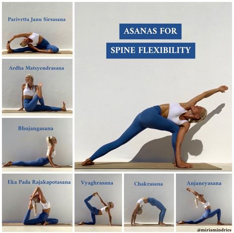 Asanas for spine flexibility Yoga Spine Flexibility, Spine Decompression Yoga, Yoga For Spine, Yoga Spine, Yoga For Posture, Spine Stretches, Spine Flexibility, Back Yoga Poses, Yoga Strap Stretches