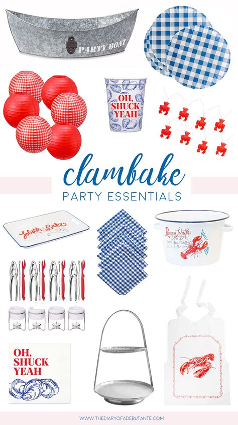 Hosting a classic New England clambake party or casual clambake wedding or rehearsal dinner this summer? Blogger Stephanie Ziajka is sharing tips for how to host a clambake, including ideas for clambake party decorations, nautical table settings, clambake party favors, and "logistical" clambake equipment, in today's post. Click through for the full clambake decorations post on Diary of a Debutante! #clambake #lobsterbake #partyideas #partydecor #summer Clambake Wedding, Clambake Party, Crawfish Boil Party Decorations, Clam Bake Party, Shrimp Boil Party, Crab Boil Party, Hostess Tips, Crab Feed, Lobster Cake