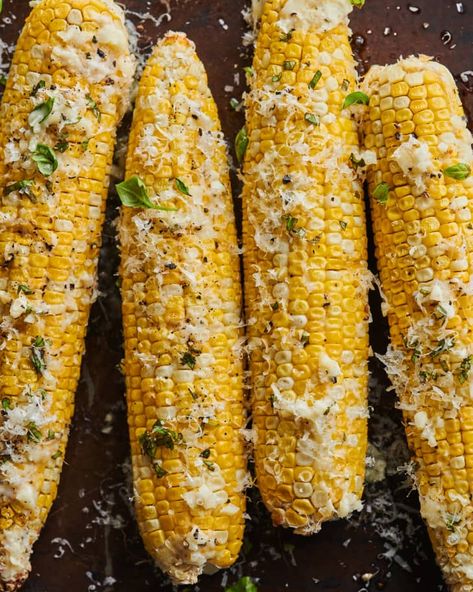 Oven-Roasted Parmesan Corn on the Cob | The Kitchn Parmesan Corn On The Cob, Parmesan Corn, Maple Pecans, Corn In The Oven, Italian Cream Cakes, Buttered Corn, Hasselback Potatoes, Fall Breakfast, Tasty Kitchen