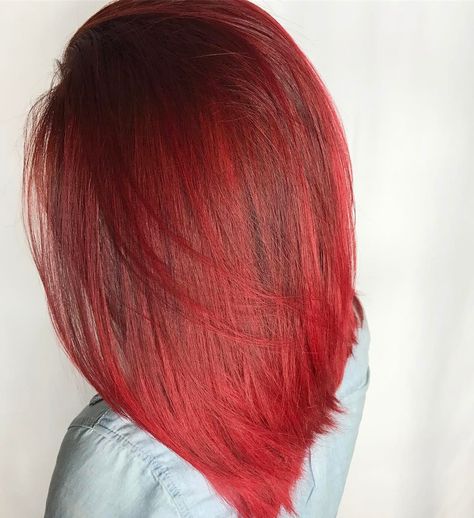 Red vivid with a shadow root. Vibrant Red Hair, Vivid Hair, Cherry Red Hair, Mermaid Hair Color, Vivid Hair Color, 2023 Hair, Shadow Root, Hair Shows, Braided Bun