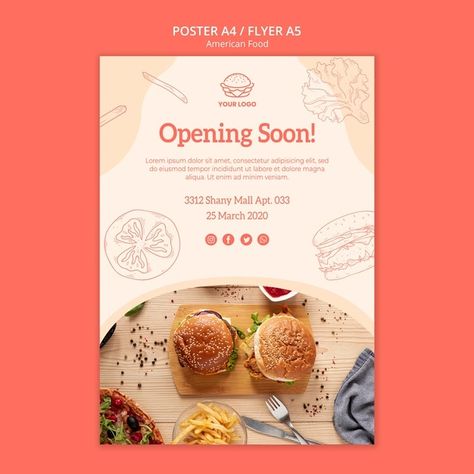 Flyer design restaurant opening | Free Psd #Freepik #freepsd #flyer #poster #food #design Restaurant Card Design, Saint Gerard, Pizza Twists, Italian Food Restaurant, Restaurant Opening, American Fast Food, Restaurant Advertising, Restaurant Poster, Food Template