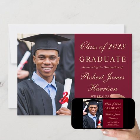 Elegant Photo College Burgundy Graduation Party Invitation  Zazzle Green Graduation Party, College Graduation Announcements, Blue College, Blue Graduation, Graduation Presents, Elegant Photo, Graduation Announcement, The Graduate, Graduation Party Invitations