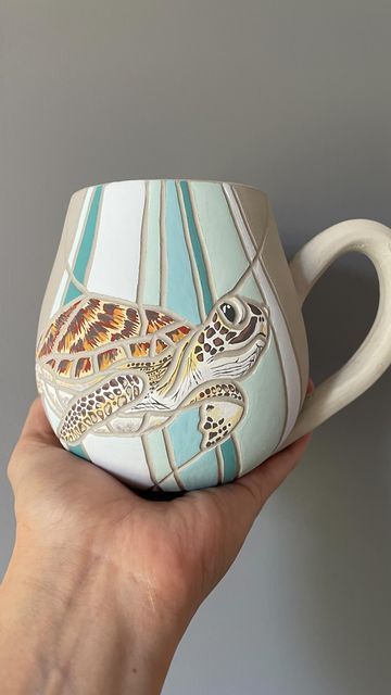 ceramics | creativeartworksblog Turtle Pottery Ideas, Sea Turtle Ceramics, Ceramic Sea Turtle, Ocean Themed Pottery, Turtle Pottery Painting, Cool Mugs Ceramics, Sea Turtle Clay, Ceramic Art Projects, Ocean Ceramics