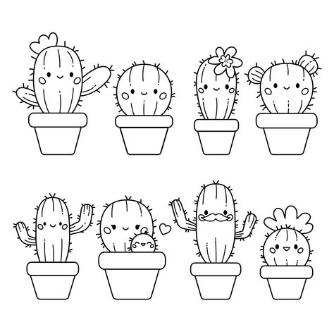 Download the Cute kawaii set of cactus in flowerpots. Coloring page. Hand drawn doodle plants. Cartoon cactus for coloring book. Vector illustration. 11084308 royalty-free Vector from Vecteezy for your project and explore over a million other vectors, icons and clipart graphics! Cute Plant Coloring Pages, Clip Art Cactus, Cactus Coloring Page Free Printable, Plant Coloring Pages Free Printable, Cartoon Cactus Drawing, Cute Plant Doodles, Succulent Coloring Page, Cute Cactus Drawing, Plant Drawings Simple