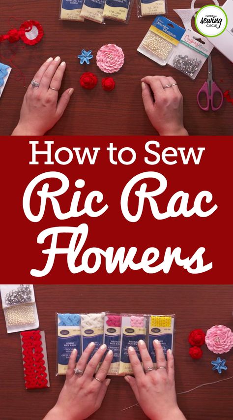 Ric Rac doesn’t have to be used only as a trim or sewn on in a straight line, rather it can be folded, twisted and wound into beautiful little flowers. Learn how to make a ric rac flower several different ways to use as an embellishment on your next project- Ashley Hough shows you how. Rick Rack Crafts, Rick Rack Flowers, Sewing Circles, Beginner Sewing Projects Easy, Sewing Projects For Kids, Rick Rack, Ric Rac, Pattern Ideas, Straight Line