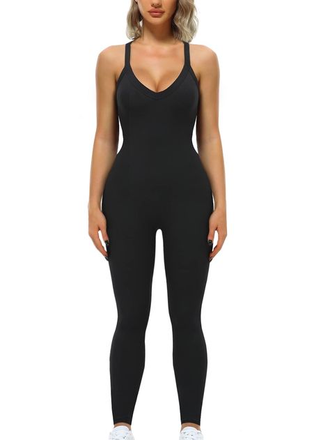 PRICES MAY VARY. 95% Polyester, 5% Spandex Imported Pull On closure Machine Wash 🩱Features: Solid Color, Sleeveless, Bodycon fit, Jumpsuits, Slim fit, Long Pant,Body Suit, Rompers, Fashion Outfit, Soft, Stretch, Casual, Comfy, Ribbed, Breathable, Lightweight, Low Cut Rompers. Sexy deep V neck, Crisscross Back details will enhance your beautiful figure, and will keep you dry and comfortable during any type of activity. 🩱🩱Occasions: The Bodycon Sexy Sleeveless Rompers Is Suitable For Wearing In Lazy Day Outfit, Bodycon Jumpsuit, Taylor Swift Outfits, Long Romper, Sleeveless Rompers, Long Jumpsuits, Cute Everyday Outfits, Cute Simple Outfits, Body Suit