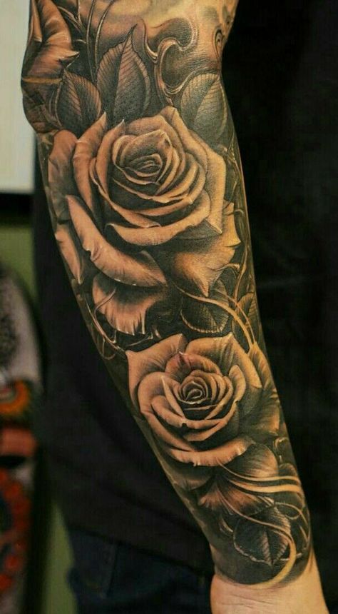 Flower Men, Rose Tattoo Sleeve, Rose Sleeve, Rose Tattoos For Men, Cross Tattoo For Men, Half Sleeve Tattoos For Guys, Upper Arm Tattoos, Cat Tattoos, Sleeve Ideas