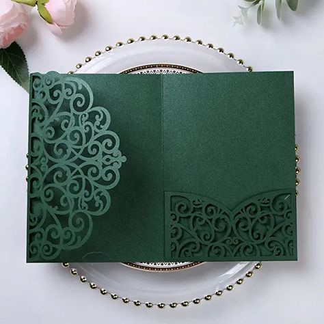 Amazon.com : Pocket Wedding Invitations Emerald Green Invitation, Green Invitation, Kate Spade Bridal, Green Invitations, Emerald Green Weddings, Bride Shower, Laser Cut Invitation, Pocket Wedding Invitations, Laser Cut Wedding