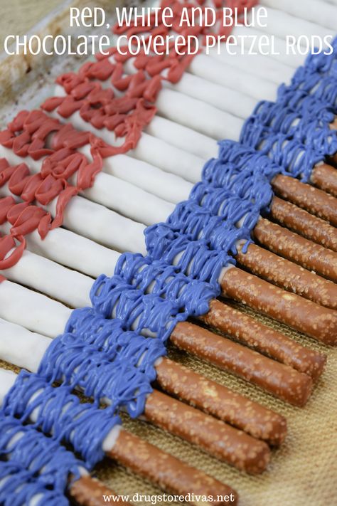 Red, White And Blue Chocolate Covered Pretzel Rods Recipe | Drugstore Divas Pretzel Rods Recipe, Covered Pretzel Rods, Patriotic Treats, Chocolate Covered Pretzel, Chocolate Covered Pretzel Rods, Patriotic Food, Pretzel Rods, Blue Chocolate, Almond Bark