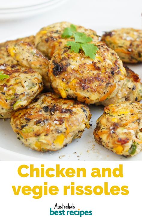 Turn chicken mince, canned corn and a few fresh ingredients into this easy weeknight dinner. #chickenrecipes #rissoles #dinner #easydinner #dinnerideas #australia #australian #australianrecipes Chicken Minced Recipe, Chicken Rissoles Recipes, Chicken Mince Recipes Healthy, Minced Chicken Recipes Healthy, Family Get Together Food, Chicken Mince Recipes, Chicken Rissoles, Chicken Mince, Minced Chicken Recipes