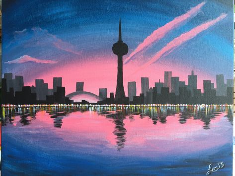 Toronto Skyline Painting, Toronto Painting, Carley Fortune, Canada Painting, Optical Illusion Drawing, Toronto Skyline, Day Painting, Skyline Painting, Night Sky Painting