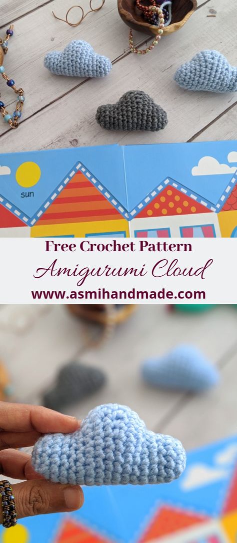 Small Cloud Crochet Pattern, Crochet Crib Mobile Free Pattern, Cloud Pattern Crochet, Cloud Amigurumi Free Pattern, Free Crochet Mobile Patterns, Crochet Cloud Keychain, Crochet Clouds Pattern Free, Cloud Crochet Pattern Free, Crochet Crib Mobile