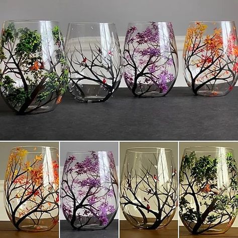 Four Seasons Tree, Boom Kunst, Painted Wine Glasses, Wine Enthusiast, Palau, Hand Painting Art, Zimbabwe, Beautiful Tree, Tree Art