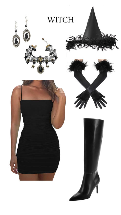 Sexy witch costume featuring a black mini dress, pointed hat, fishnet stockings, black heels, and dark lipstick. Perfect last-minute Halloween look Witch Outfit Black, Women Witch Costume, Halloween Costume Black Dress, Black Dress Halloween, Sorceress Costume, Witch Costume Diy, Halloween Costume Black, Magical Halloween, Witch Halloween Costume