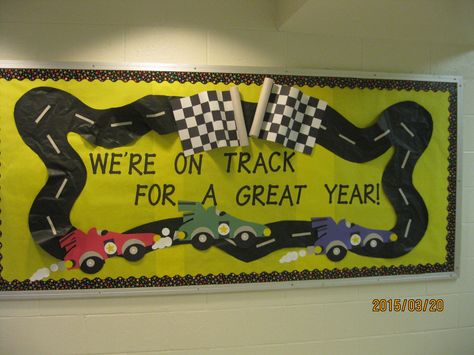 Back to School Bulletin Board- Sherrine Albornoz Preschool Racetrack Bulletin Board, Racing Theme Classroom, Race Car Bulletin Board Ideas, Transportation Bulletin Board Preschool, Road Bulletin Board, Transportation Bulletin Board, September Bulletin Boards, Daycare Room Design, Gallary Wall