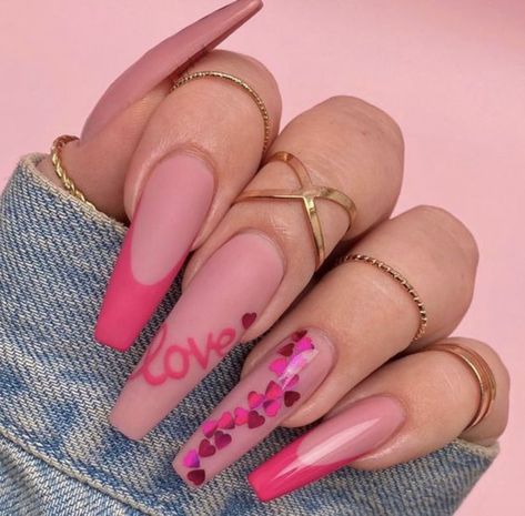 Vday Nails, Valentine Nail Art, February Nails, Nail Designs Valentines, Long Acrylic Nails Coffin, Nail Swag, Pink Nail, Pink Acrylic Nails, Coffin Nails Designs