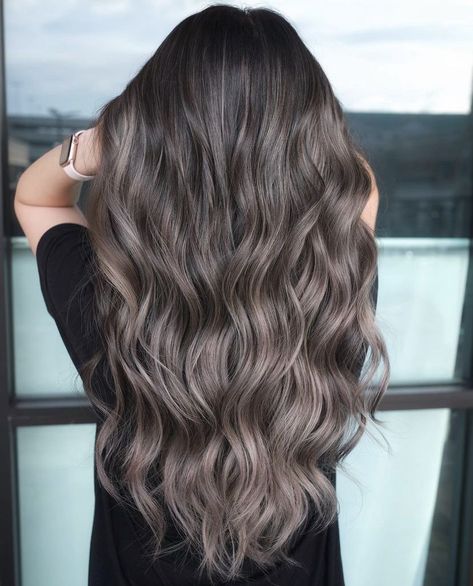 Dark Ash Mushroom Brunette, Dark Hair Mushroom Highlights, Long Hair Ash Brown, Hair Color Ideas For Brunettes Ash, Ash Brown Brunette Hair, Ash Colored Hair Brown, Ash Highlights Dark Hair, Dark Brown To Ash Brown Balayage, Mushroom Color Hair With Highlights