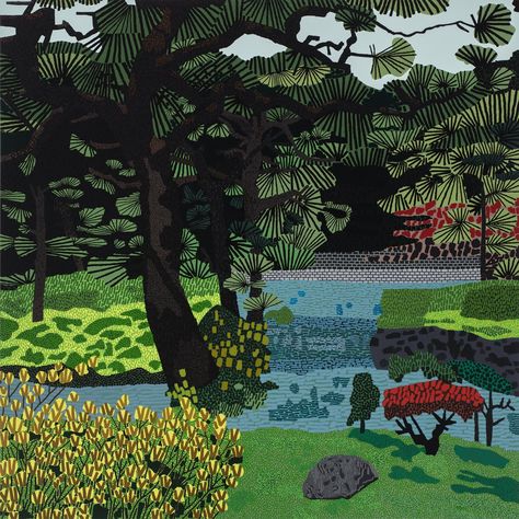 Jonas Wood, Japanese Garden, 2017. Courtesy of the artist and David Kordansky Gallery. Trees Mural, Jonas Wood, Wooded Landscaping, Arte Folk, Dallas Museum Of Art, Tree Mural, Wood Artist, Museum Of Contemporary Art, Contemporary Art Gallery