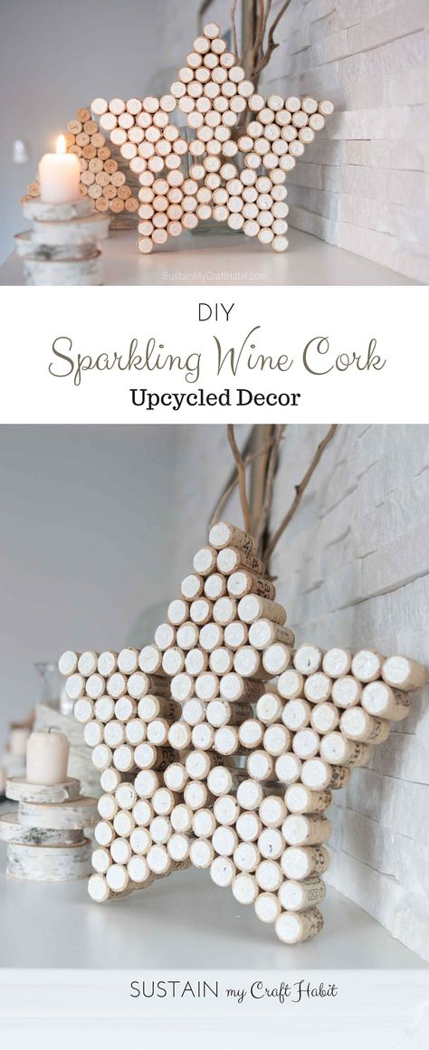 DIY decorative star and Christmas tree art upcycled from wine bottle corks. A lovely gift idea that's beautiful on its own or could be used as a pot holder on the kitchen table. Wine Corks Decor, Wine Cork Projects, Wine Cork Ornaments, Wine Cork Art, Wine Bottle Corks, Wine Craft, Cork Art, Wine Cork Crafts, Upcycle Decor