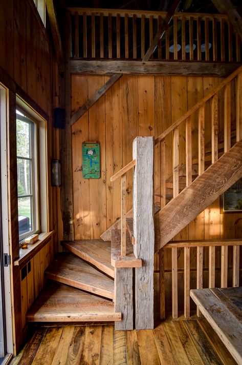 Cabin Stairs, Cottage Stairs, Wood Stair Treads, Rustic Staircase, Rustic Stairs, Cabin Loft, Timber Frame Barn, Cabin Interior Design, Log Cabin Interior