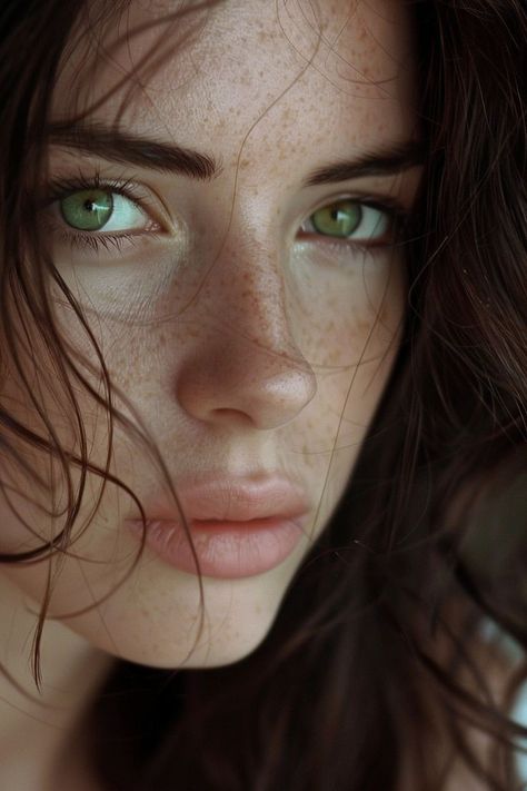 Brown Hair Green Eyes Girl, Brown Hair And Freckles, People With Green Eyes, Nose Ideas, Brown Hair And Green Eyes, Brunette Green Eyes, Warm Brown Hair, Brown Hair Green Eyes, Girl With Green Eyes