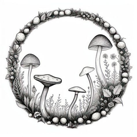 Circle frame with mushroom drawing sketch plant. | premium image by rawpixel.com / Hein Line Drawing Mushroom, Mushrooms Black And White, Mushroom Black And White, Circle Meaning, Drawn Mushrooms, Black And White Mushroom, Mushroom Doodle, Mushroom Circle, Mushroom Cartoon