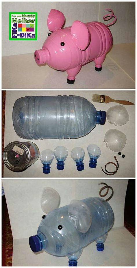 Cerdito Soda Bottle Crafts, Plastic Bottle Crafts Diy, Reuse Plastic Bottles, Pig Crafts, Plastic Bottle Flowers, Plastic Bottle Art, Diy Plastic Bottle, Desain Buklet, Plastic Bottle Crafts