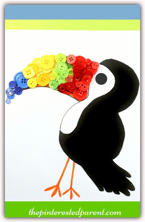 Button Toucan – The Pinterested Parent Toucan Craft, Rainforest Crafts, Zoo Crafts, Rainforest Theme, Rainforest Animals, The Crafts, Animal Crafts For Kids, Bird Crafts, Bird Theme