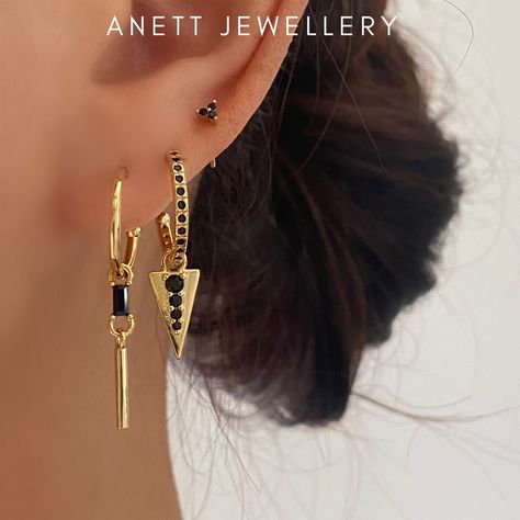 Black Dangly Stack Earrings, Black Stud Earrings, 925 Sterling Silver, 18k Gold Plated, Sleeper Helix, Mix and Match 3pieces Earring Sets by AnettJewellery on Etsy Gold Earring Set, Stack Earrings, Staple Earrings, 3 Earrings, Black Stud Earrings, Earring Sets, Stacked Earrings, Black Stud, Ear Stack