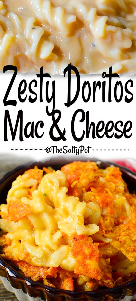 Creamy, cheesy, with a zesty cheese, crunchy topping! This Zesty Doritos Mac and Cheese is a delicious twist on the classic macaroni and cheese casserole! #thesaltypot #macandcheese #cheesymac #doritos Doritos Mac And Cheese Chicken Casserole, Dorito Mac And Cheese, Mac And Cheese With A Twist, Max And Cheese Recipes, Doritos Mac And Cheese, Dorito Recipes, Doritos Recipes, Mac And Cheese Recipe Soul Food, Cheesy Mac