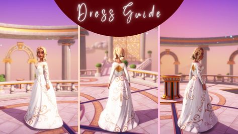 Easy Disney Dreamlight Valley Wedding Dress Guide Disney Dreamlight Valley Outfit Designs, Disney Dreamlight Valley Custom Clothes, Dreamlight Valley Clothing Design Ideas, Dreamlight Valley Dress Designs, Wedding Dress Tutorial, Ddlv Decorating, Ddv Inspiration, Valley Outfit, Stardew Mods