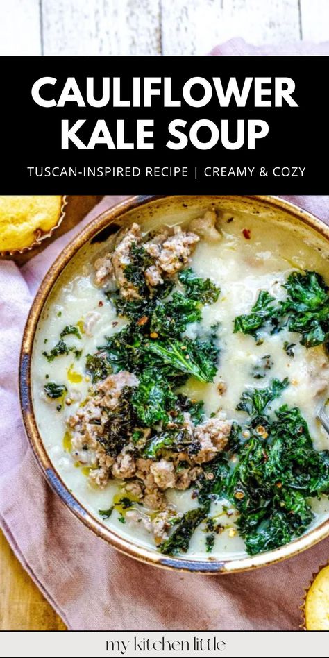 This creamy cauliflower and sausage soup is packed with flavor! Made with savory Italian sausage, hearty cauliflower florets, and topped with crispy kale chips, it’s an easy, cozy, and comforting dish. This simple recipe delivers a delicious Tuscan-inspired soup perfect for fall dinners. Save this pin to your "Creamy Cauliflower Soup" board for a healthy, irresistible dinner idea! Kale And Cauliflower Soup, Cauliflower Kale Soup, Cauliflower Sausage, Crunchy Kale, Zuppa Soup, Soup Recipe Easy, Soup With Kale, Sausage And Kale Soup, Crispy Kale