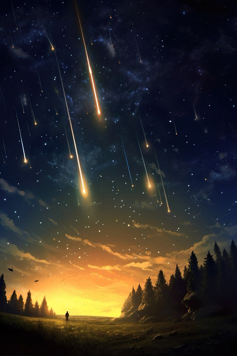 Fantasy Sky Painting, Night Sky Drawing Digital, Woods At Night Painting, Night Sky Landscape Painting, Paintings Of Stars, Night Forest Drawing, Night Sky Reference, Forest At Night Painting, Shooting Stars Drawing