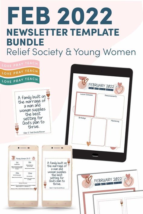 February 2022 Editable Newsletter Bundle for Relief Society or Young Women! Help your class stay informed of upcoming events and important dates with our easy to edit newsletter bundle! www.LovePrayTeach.com #ChurchofJesusChrist #February2022 #EditableNewsletters Relief Society Newsletter, Newsletter Template Free, Lds Primary Lesson Helps, Lds Primary Lessons, Relief Society Lessons, Editable Newsletter Templates, Lds Relief Society, Primary Chorister, Yw Activities