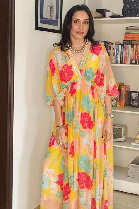 Buy Archana Shah Yellow Crepe Silk Printed Kaftan Online | Aza Fashions Kaftan Style Dresses, Kaftan Design, Kaftan Pattern, Kaftan Styles, Kaftan For Women, Printed Kaftan, Kaftan Designs, Kaftan Style, Long Kurti Designs