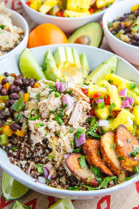 Cuban Mojo Pulled Pork Quinoa Bowls with Pineapple Salsa Cuban Rice Bowl, Pork Quinoa Bowl, Pulled Pork Bowl, Burger Dip, Pork Bowls, Mojo Sauce, Cuban Mojo, Pineapple Salsa Recipe, Cuban Pork