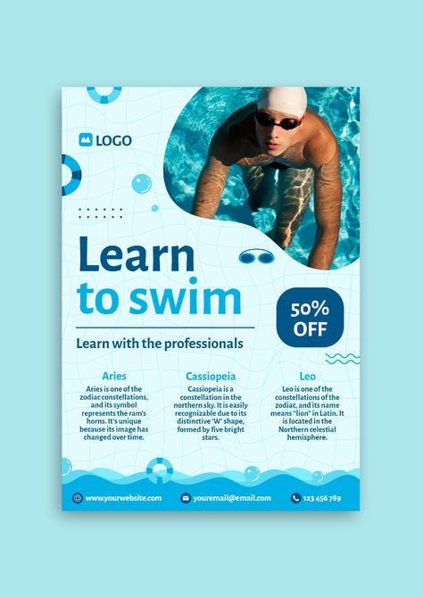 Hand-drawn Waves Learn To Swim With The Professionals Flyer Pool Aesthetics, Baby Swimming Lessons, Swimming Lessons, Flyer Layout, Learn To Swim, Baby Swimming, Swim Lessons, Brand Kit, Web App Design