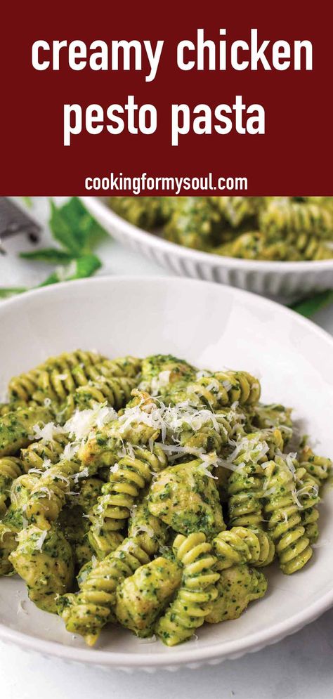 Chicken Pesto Pasta! This creamy chicken pesto pasta is so comforting and packed with fresh basil pesto flavors. The chicken is seasoned and so tender. It's the perfect weeknight dinner. Chicken Pesto Pasta Recipes, Creamy Chicken Pesto Pasta, Chicken Pesto Pasta, Crockpot Pesto Chicken, Basil Pesto Chicken Pasta, Pesto Orzo, Pesto Pasta Recipes Chicken, Basil Pesto Chicken, Creamy Pesto Chicken Pasta