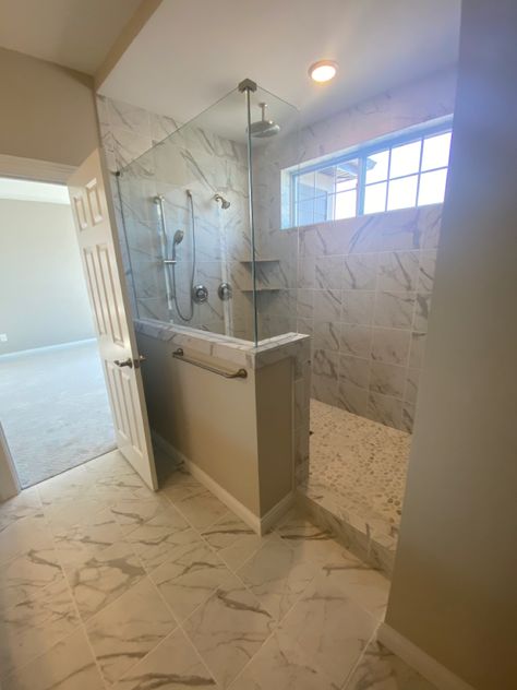 12×24 Shower Tile Ideas, Calacatta Floor, 12x24 Carrara Shower Wall Tile, Marble 12x24 Shower Tile, Small Space Bathroom Design, Walk In Tile Shower With Barn Doors Fiberglass Bottom, 36 Breathtaking Walk-in Shower Ideas, Lake Bathroom, Doorless Shower