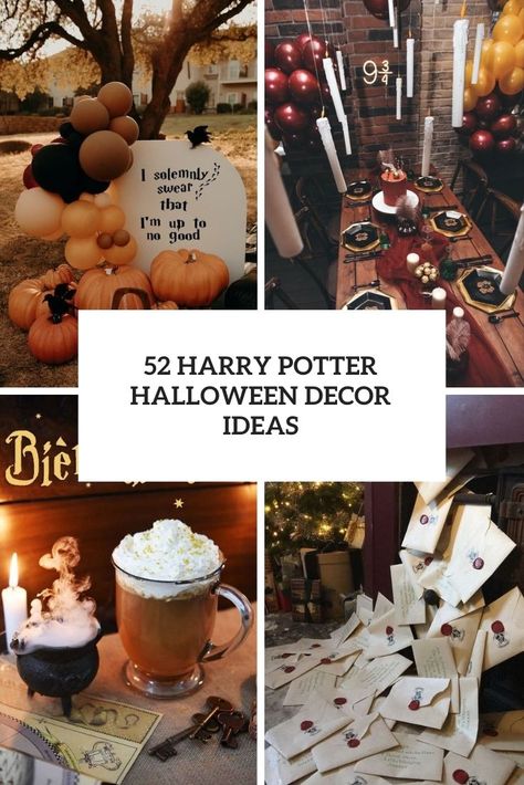 harry potter halloween decor ideas cover Harry Potter Halloween Diy Decorations, Harry Potter Halloween Home Decor, Harry Potter Office Decor Halloween, Halloween Harry Potter Decor, Harry Potter Halloween Porch, Harry Potter Themed Thanksgiving, Harry Potter Halloween House, Harry Potter Decorations Halloween, Harry Potter Themed Halloween Decor