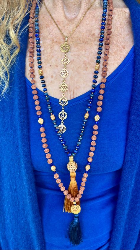 our chakra necklace in 22k gold, stacked with a lapis mala, and a rudraksha mala. Rudraksha Mala, Chakra Necklace, 22k Gold, Chakra, Jewelry Collection, The Day, Gold