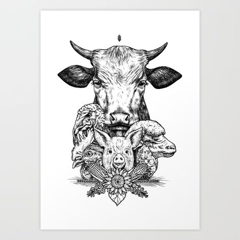 Farm animals Art Print Farm Animals Art, Farm Tattoo, Animal Sleeve Tattoo, Vegan Tattoo, Farm Logo, Animals Art, Arte Animal, Animal Tattoos, A Drawing