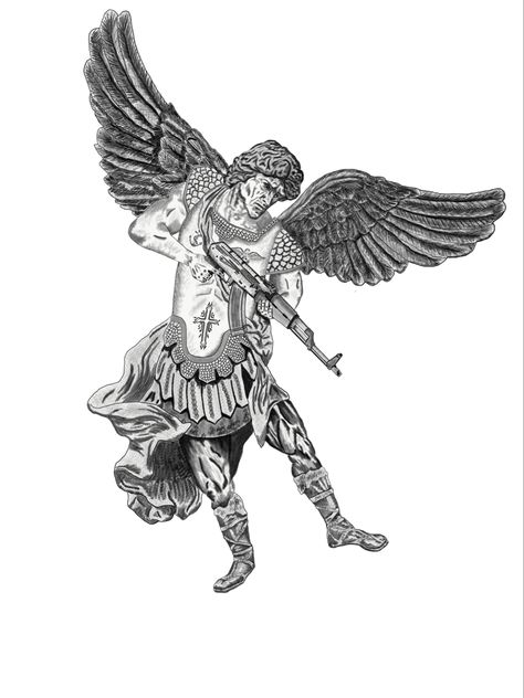 Saint Michael with AK-47 drawing for tattoo design Saint Tattoo Design, Angel With Ak Tattoo, Saint Michael Tattoo Design, Cain Tattoo, Tattoo Medieval, Ak Tattoo, Military Sleeve Tattoo, Saint Michael Tattoo, Celtic Tree Tattoos