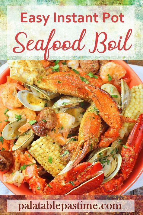 Easy Instant Pot Seafood Boil yummy crab along  with lobster, shrimp, clams, corn, potatoes and spicy sausage in a garlic butter beer  sauce. via @suelau1 Instant Pot Seafood, Crab Boil Recipe, Shrimp And Crab Boil, Cajun Seafood Boil, Shrimp Boil Recipe, Butter Beer, Cajun Seafood, Seafood Boil Recipes, Boiled Food