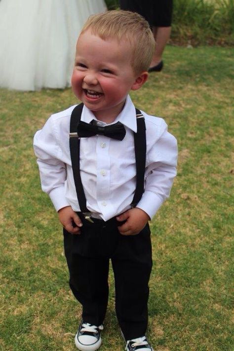 Paige boy! Industrie shirt, braces and bow tie Dol Pic, Paige Boys Outfits Wedding, Ring Boy Outfits, White Braces, Page Boy Outfits, Wedding Page Boys, Channel Outfits, Ring Bearer Boy, Wedding Outfit For Boys