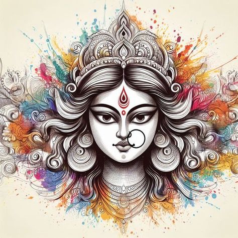 Navratri Drawing Ideas Sketch, Indian Drawings Easy, Drawing Of Maa Durga, Navdurga Painting, Maa Durga Drawing Sketch, Durga Maa Sketch, Durga Drawing Art, Durga Maa Drawing, Durga Drawing